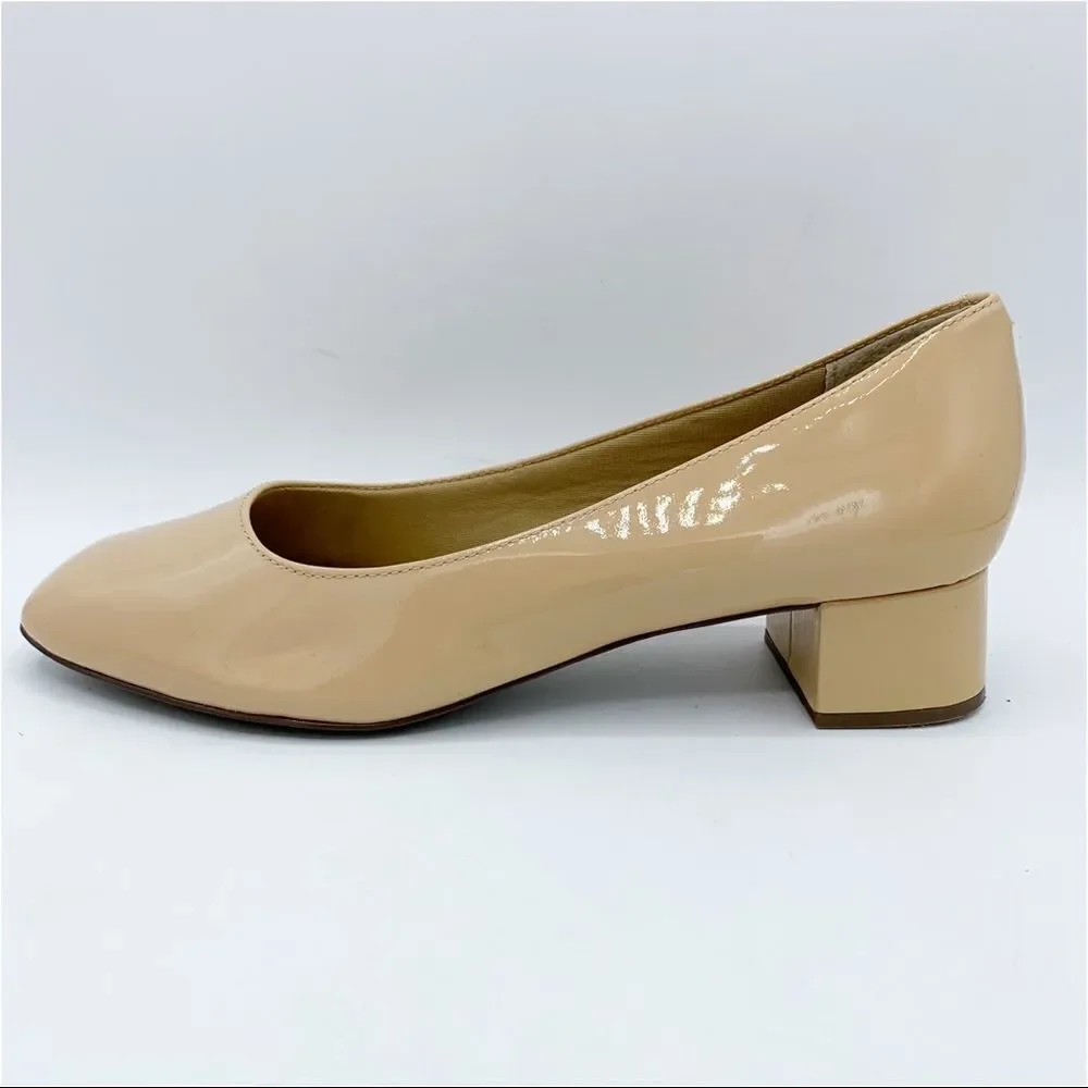 Trotters Tan Patent Leather Chunky Low Heel Women’s  Pumps 9 Narrow‎ Square Toe